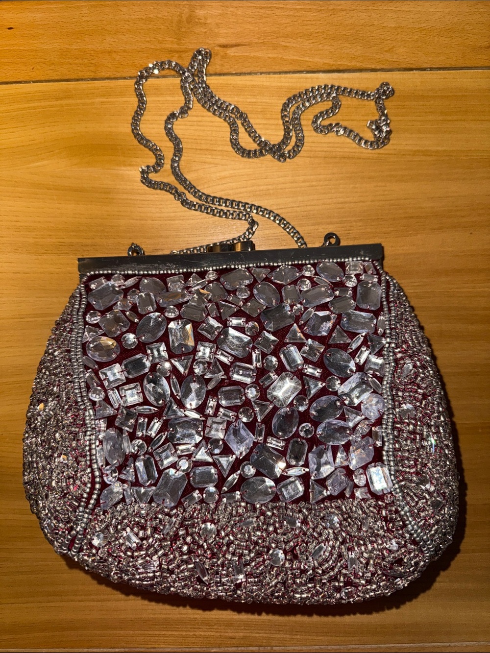 Beaded Red Crystal-Embellished Evening Clutch with Chain